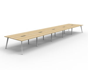 Rapidline Eternity back to back 10 person workstation in Natural Oak with a White Satin base, no screen, angled studio view on a white background