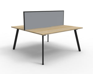 Rapidline Eternity back to back 2 person workstation with Natural Oak tops on Black Satin angled legs and a grey fabric screen, three quarter view on a white background