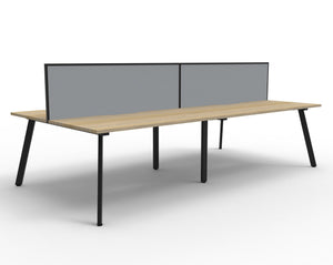 Rapidline Eternity back to back 4 person workstation with Natural Oak tops, Black Satin legs and Grey fabric SHUSH30 screens, angled view of the full pod