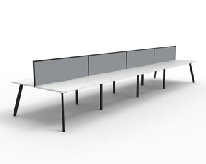 Rapidline Eternity back to back 8 person workstation with Natural White tops, Black Satin legs and Grey fabric SHUSH30 screens, angled view of the full pod