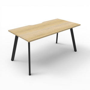 Rapidline Eternity single sided desk with Natural Oak scalloped top and Black Satin 45 degree legs, angled view from the front corner
