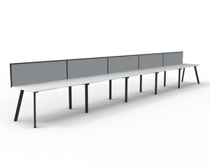 Angled view of the Rapidline Eternity single sided 5 person workstation with Natural White tops, Black Satin legs and a grey fabric SHUSH30 screen.