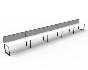 Rapidline Deluxe Infinity single sided bench workstation with screens for five people. Rapidline range image supplied for model D-ILLSWS5P1575 NO/BL, shown in another finish. View 1.