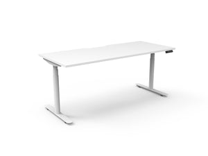 Rapidline Halo Plus electric height adjustable single sided workstation on 70mm diameter round columns, E0 rated Natural White top with a white satin powdercoated frame. Rapidline range image supplied for model H+1P1275 NW/WS.