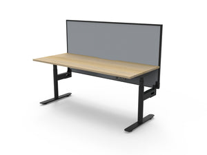 Rapidline Halo Plus electric height adjustable single sided workstation on 70mm diameter round columns, E0 rated Natural Oak top with a black satin powdercoated frame, 900mm black fabric privacy screen. Rapidline range image supplied for model H+1PWS1875 NO/BL.