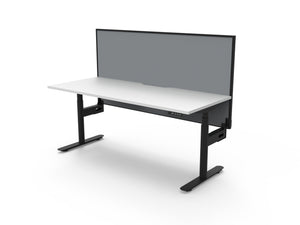 Rapidline Halo Plus electric height adjustable single sided workstation on 70mm diameter round columns, E0 rated Natural White top with a black satin powdercoated frame, 900mm black fabric privacy screen. Rapidline range image supplied for model H+1PWS1575 NW/BL.