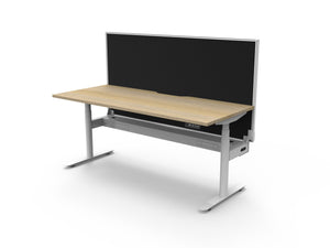 Rapidline Halo Plus electric height adjustable single sided workstation on 70mm diameter round columns, E0 rated Natural Oak top with a white satin powdercoated frame, fitted ducted cable tray, 900mm black fabric privacy screen. Rapidline range image supplied for model H+1PWSCT1875 NO/WS.
