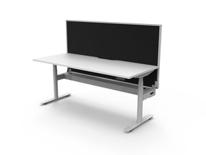 Rapidline Halo Plus electric height adjustable single sided workstation on 70mm diameter round columns, E0 rated Natural White top with a white satin powdercoated frame, fitted ducted cable tray, 900mm black fabric privacy screen. Rapidline range image supplied for model H+1PWSCT1275 NW/WS.