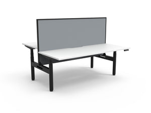 Rapidline Halo Plus electric height adjustable back to back workstation on 70mm diameter round columns, E0 rated Natural White top with a black satin powdercoated frame, 900mm black fabric privacy screen. Rapidline range image supplied for model H+2PWS1575 NW/BL.