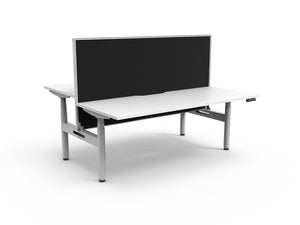 Rapidline Halo Plus electric height adjustable back to back workstation on 70mm diameter round columns, E0 rated Natural White top with a white satin powdercoated frame, 900mm black fabric privacy screen. Rapidline range image supplied for model H+2PWS1275 NW/WS.