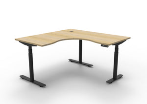 Rapidline Halo Plus electric height adjustable corner workstation on 70mm diameter round columns, E0 rated Natural Oak top with a black satin powdercoated frame. Supplied product image for model H+CNR1P1515 NO/BL.