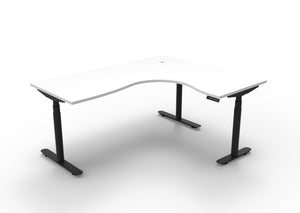 Rapidline Halo Plus electric height adjustable corner workstation on 70mm diameter round columns, E0 rated Natural White top with a black satin powdercoated frame. Supplied product image for model H+CNR1P1815 NW/BL.