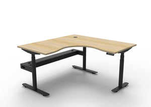 Rapidline Halo Plus electric height adjustable corner workstation on 70mm diameter round columns, E0 rated Natural Oak top with a black satin powdercoated frame, fitted ducted cable tray. Supplied product image for model H+CNRCT1P1515 NO/BL.