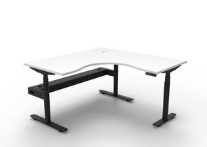 Rapidline Halo Plus electric height adjustable corner workstation on 70mm diameter round columns, E0 rated Natural White top with a black satin powdercoated frame, fitted ducted cable tray. Supplied product image for model H+CNRCT1P1515 NW/BL.