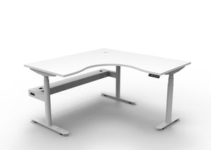 Rapidline Halo Plus electric height adjustable corner workstation on 70mm diameter round columns, E0 rated Natural White top with a white satin powdercoated frame, fitted ducted cable tray. Supplied product image for model H+CNRCT1P1515 NW/WS.