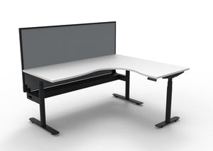 Rapidline Halo Plus electric height adjustable corner workstation on 70mm diameter round columns, E0 rated Natural White top with a black satin powdercoated frame, fitted ducted cable tray, 900mm black fabric privacy screen. Supplied product image for model H+CNRWSCT1P1815 NW/BL.