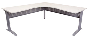 Rapidline Rapid Span corner workstation with a Natural White top on Precious Silver span legs and a perforated metal modesty panel, rear view of the legs and modesty panels.