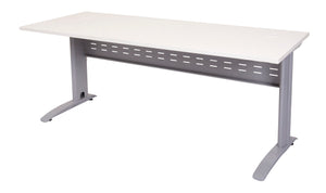 Rapidline Rapid Span open workstation with Natural White top, Precious Silver Span leg base and perforated modesty panel, angled view from the front corner