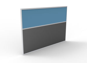 Rapidline Rapid Span screen 1800 x 1250mm in blue upholstery, one fabric panel above a charcoal lower panel in a silver frame, angled view