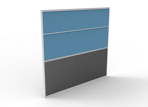 Rapidline Rapid Span screen 1800 x 1650mm in blue upholstery, two fabric panels above a charcoal lower panel in a silver frame, angled view