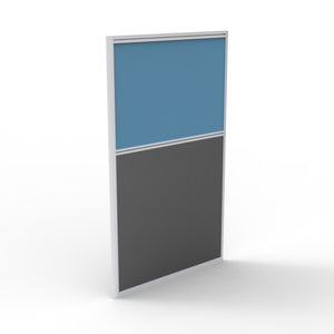 Rapidline Rapid Span screen 750 x 1250mm in blue upholstery, one fabric panel above a charcoal lower panel in a silver frame, angled view