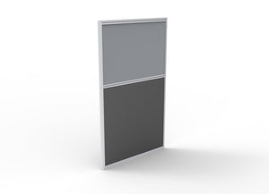 Rapidline Rapid Span screen 750 x 1250mm in grey upholstery, one fabric panel above a charcoal lower panel in a silver frame, angled view