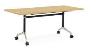 Rapidline Typhoon flip top table in Natural Oak on a black powdercoat frame with polished aluminium. Rapidline range image supplied for model TFT126 NO. View 1.