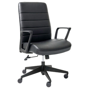 Mondo Plato executive chair in black bonded leather with arms, front three quarter view on a black 5 star base