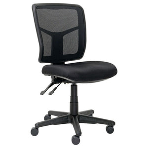 Mondo Tivoli chair with a black mesh back and black fabric seat, front three quarter view without arms