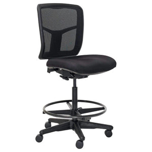 Mondo Tivoli Drafting chair in black, front three quarter view showing the mesh back, tall gas lift and footring