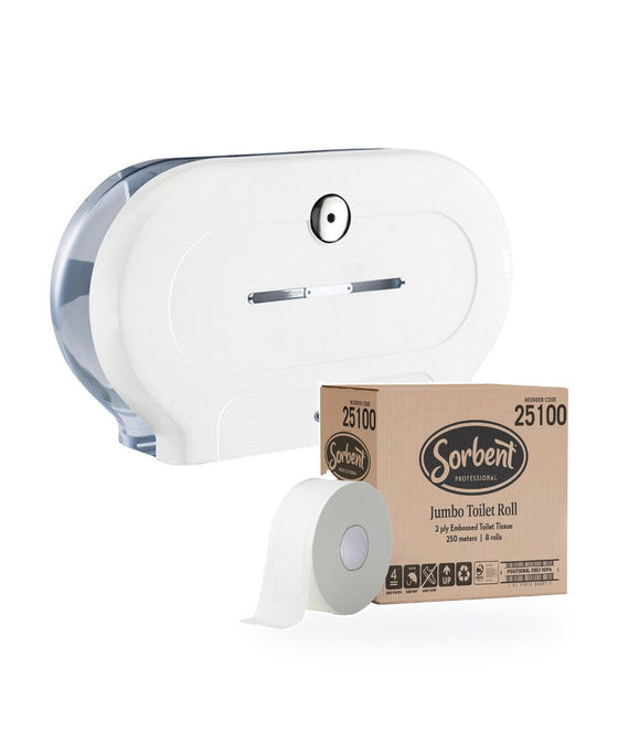 Sorbent double jumbo toilet roll dispenser with a carton of Sorbent 25100 jumbo toilet rolls