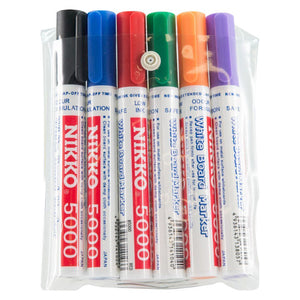 Nikko 5000 whiteboard markers in black, blue, red, green, orange and violet inside a clear wallet with a snap fastener