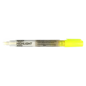 Yellow Nikko refillable highlighter with a clear barrel printed Text Highlight Pen and cartridge priming steps, angled tip at the left