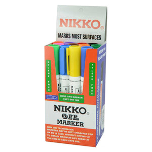 Nikko Oil Marker Series 1700 bullet point display box holding markers with mixed cap colours