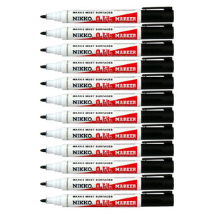 A line-up of Nikko Oil Marker bullet tip markers with black caps and white barrels