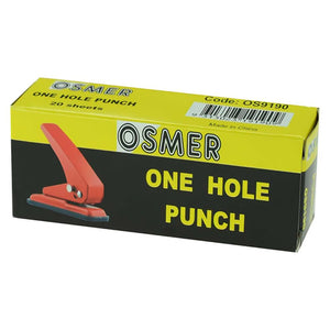 Osmer 1 hole paper punch in its yellow and black retail box printed with One Hole Punch, 20 sheets and code OS9190