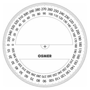 Osmer 10cm 360 degree protractor, full circle clear protractor graphic showing both degree scales and centre cross