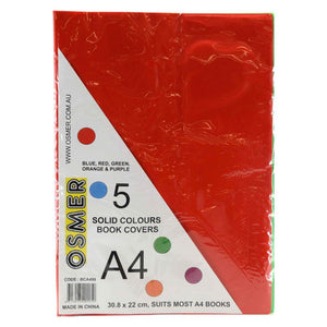 Osmer A4 solid book cover pack of 5 in its packaging, red cover on top, with a label showing 5 solid colours book covers