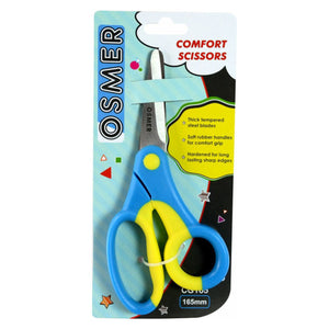 Osmer Comfort Grip Scissors 165mm on the printed Osmer Comfort Scissors hangsell card, blue and yellow offset handle