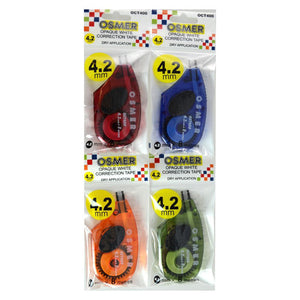 Osmer correction tape 4.2mm x 8m, four hangsell packs shown in red, blue, orange and green from the assorted pack of 20