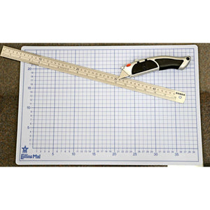 Osmer A3 translucent cutting mat 45 x 30cm in white with a blue printed grid, shown with a steel ruler and utility knife on top