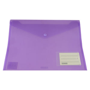 Osmer A4 document wallet in tinted purple with a button closure flap and a clear name pocket holding a white name card