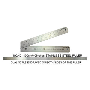 Osmer stainless steel ruler 100cm dual scale, two rulers shown to display the metric scale on one side and the imperial scale on the other, with printed caption