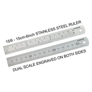 Osmer stainless steel ruler 15cm dual scale, two rulers shown to display the metric scale on one side and the imperial scale on the other, with printed caption