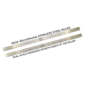 Osmer stainless steel ruler 60cm dual scale, two rulers shown to display the metric scale on one side and the imperial scale on the other, with printed caption