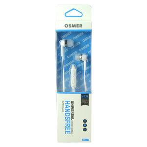 Osmer earbud headphone with microphone in white, packed in the blue Osmer Universal Handsfree retail box with the white earbuds and inline microphone visible