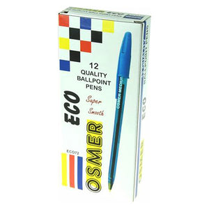 Osmer economy ballpoint pen medium blue box of 12, upright printed box showing 12 ballpoint pens and a blue pen on the front