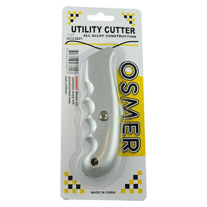 Osmer UC23801 heavy duty utility cutter, silver alloy handle with finger grooves, on the Osmer utility cutter hangsell card