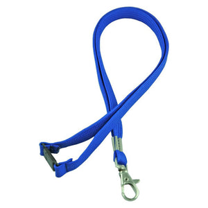 Osmer blue woven lanyard with a metal swivel D clip hook on a short strap and a plastic release clasp in the neck loop