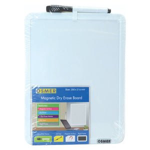 Osmer magnetic whiteboard A4 in shrink wrap with a light blue frame, a black whiteboard marker clipped across the top and the printed Osmer Magnetic Dry Erase Board card